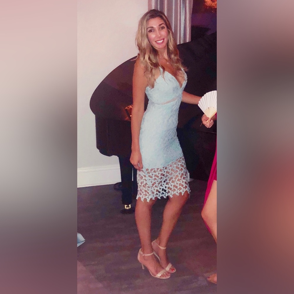 Blue dress wedding guest lace